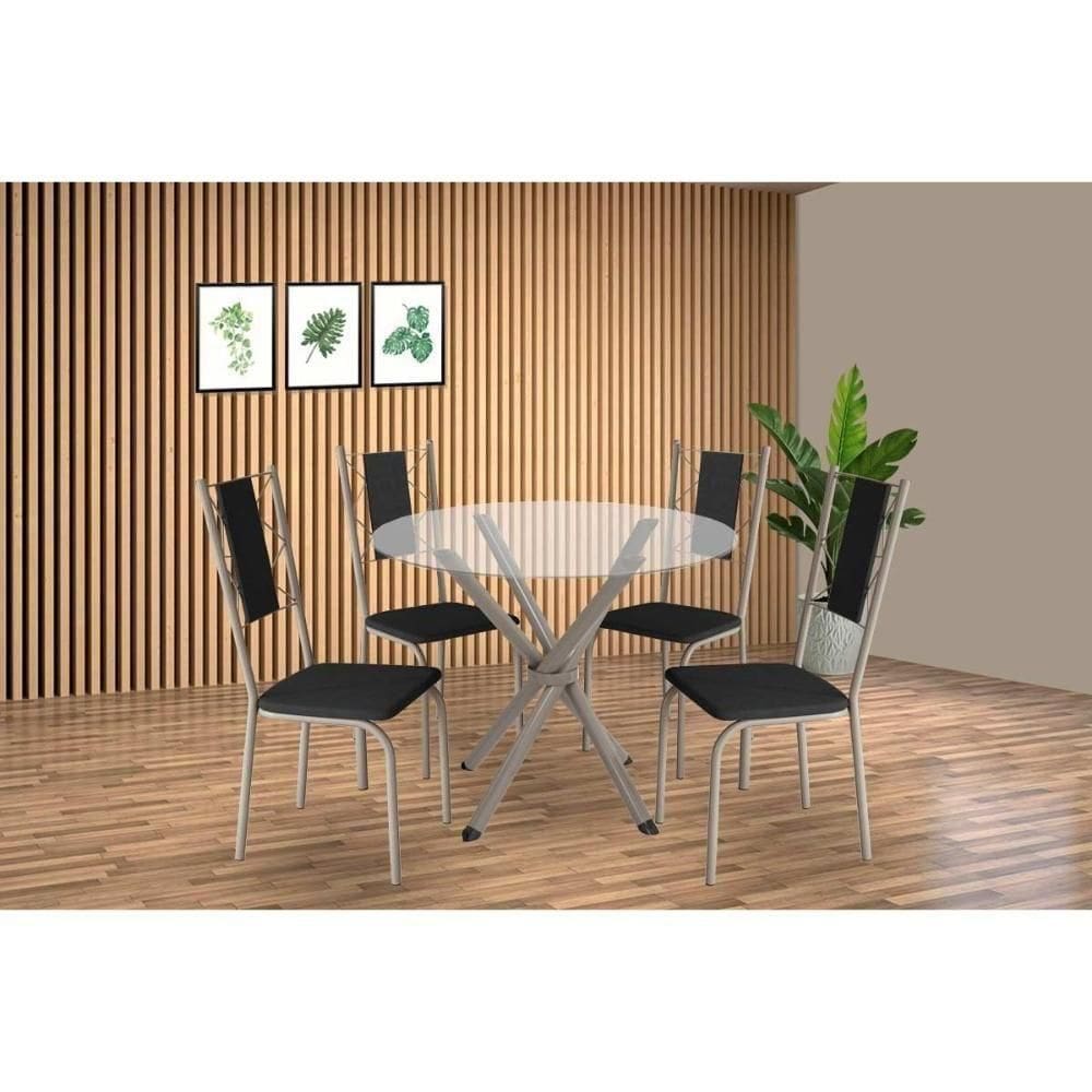Conjunto: Mesa Sala Jantar Volga C- Tampo De Vidro 95cm E 4 Cadeiras Lisboa Niquel - Courano Preto - Kappesberg