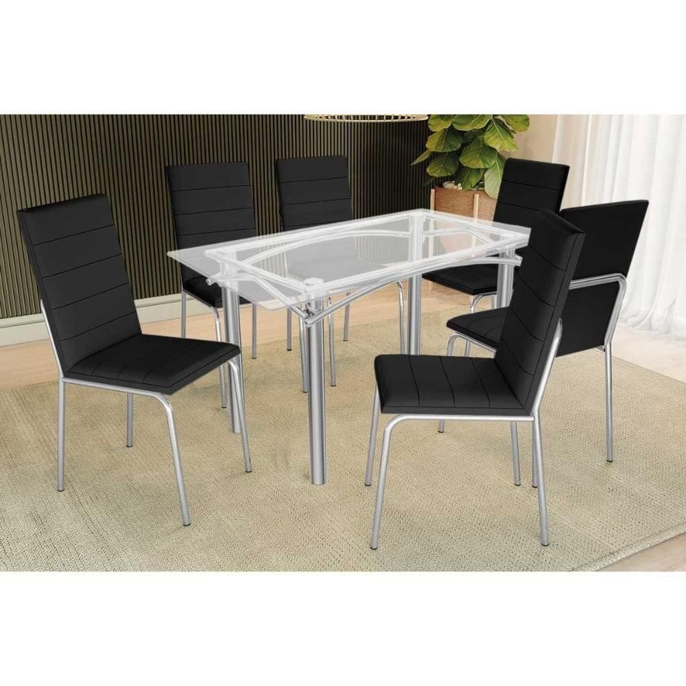Conjunto: Mesa De Cozinha Elba C- Tampo De Vidro 150cm E 6 Cadeiras Amsterdã Cromada - Courano Preto - Kappesberg