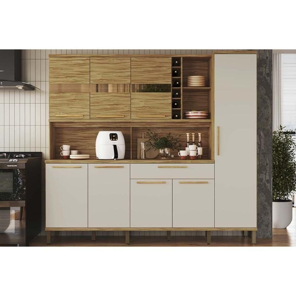 Kit De Cozinha Compacta Touriga C- 8 Portas E 1 Gaveta 180cm Amendoa-off White - Ronipa