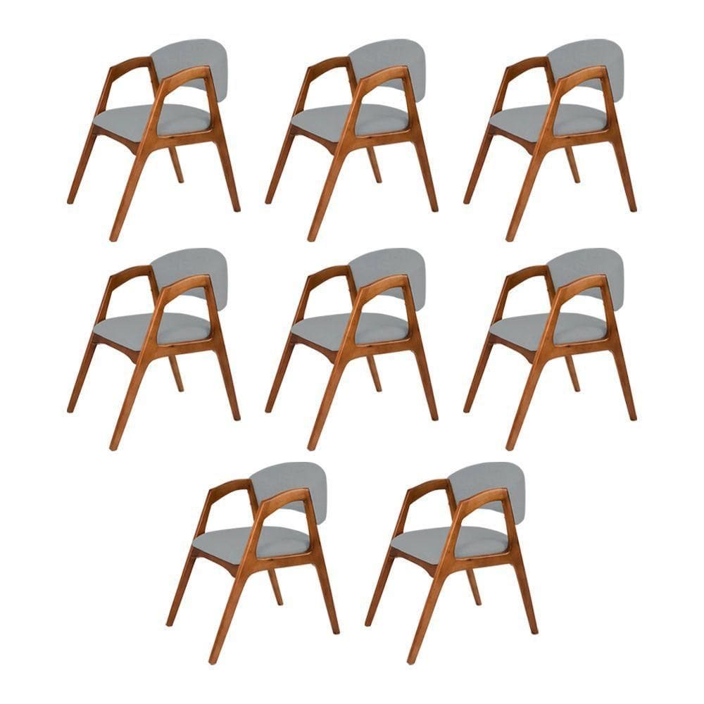 Conjunto Com 8 Cadeiras De Jantar Gabriela Em Madeira E Mdf Cerejeira Linho Cinza
