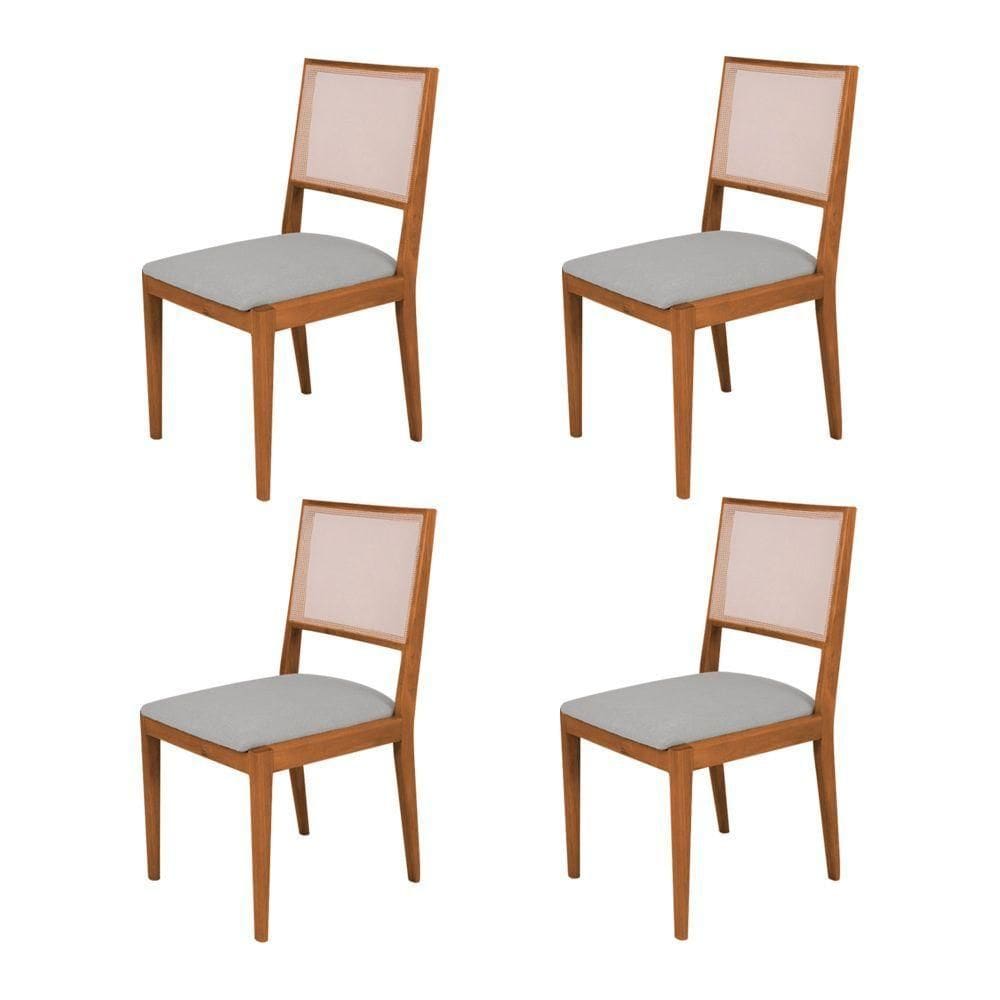 Conjunto Com 4 Cadeiras De Jantar Estofada Suellen Em Madeira E Mdf Cerejeira Linho Cinza Prata