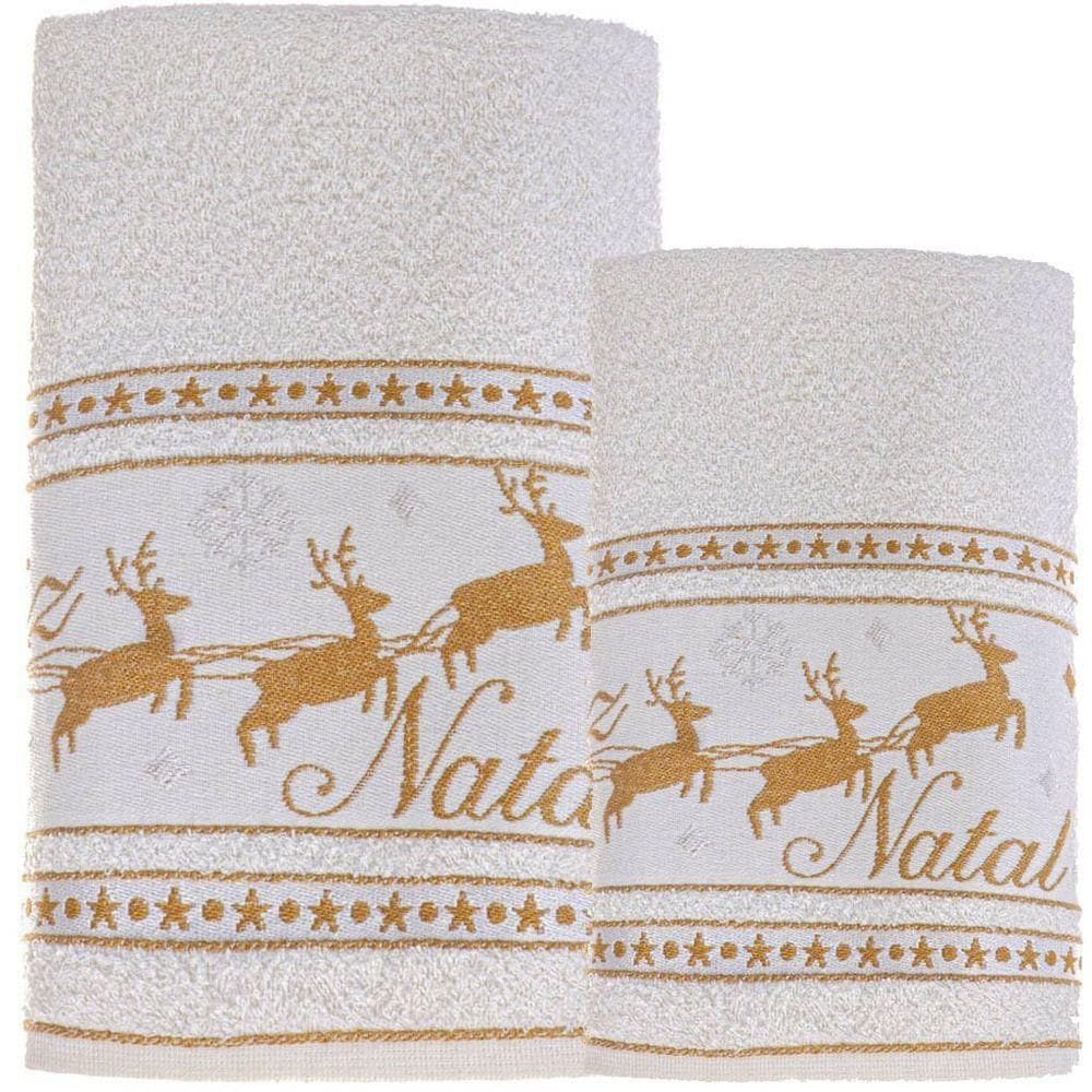 Jogo Toalha De Banho E Rosto Feliz Natal 90% Algodão 400g/m² Pérola