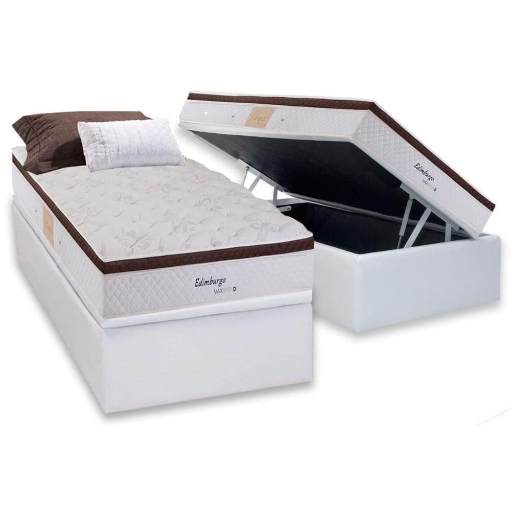 Cama Box Baú Solteiro: Colchão Molas Ensacadas Herval Maxspring Edimburgo + Base Crc Courano White (88x188)
