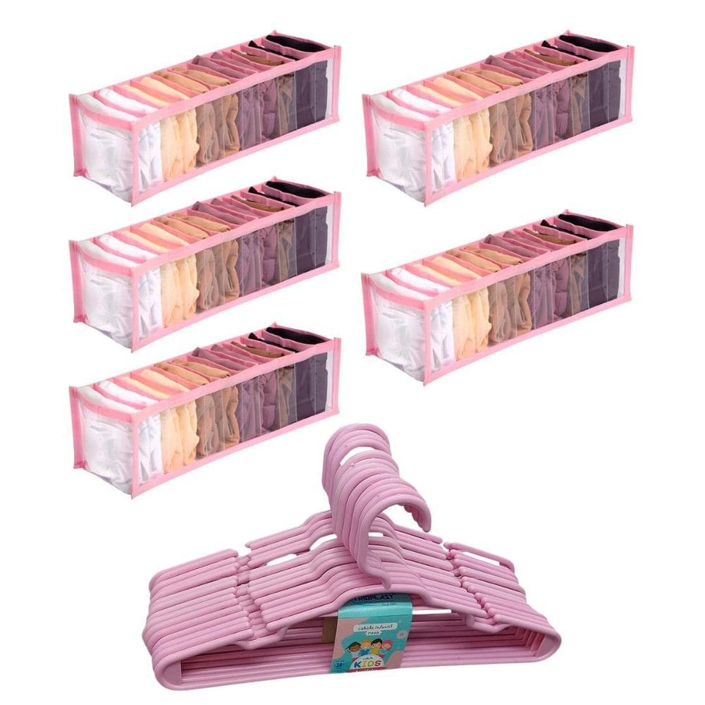 Kit 5 Organizadores De Gavetas + 25 Cabides Infantil Rosa