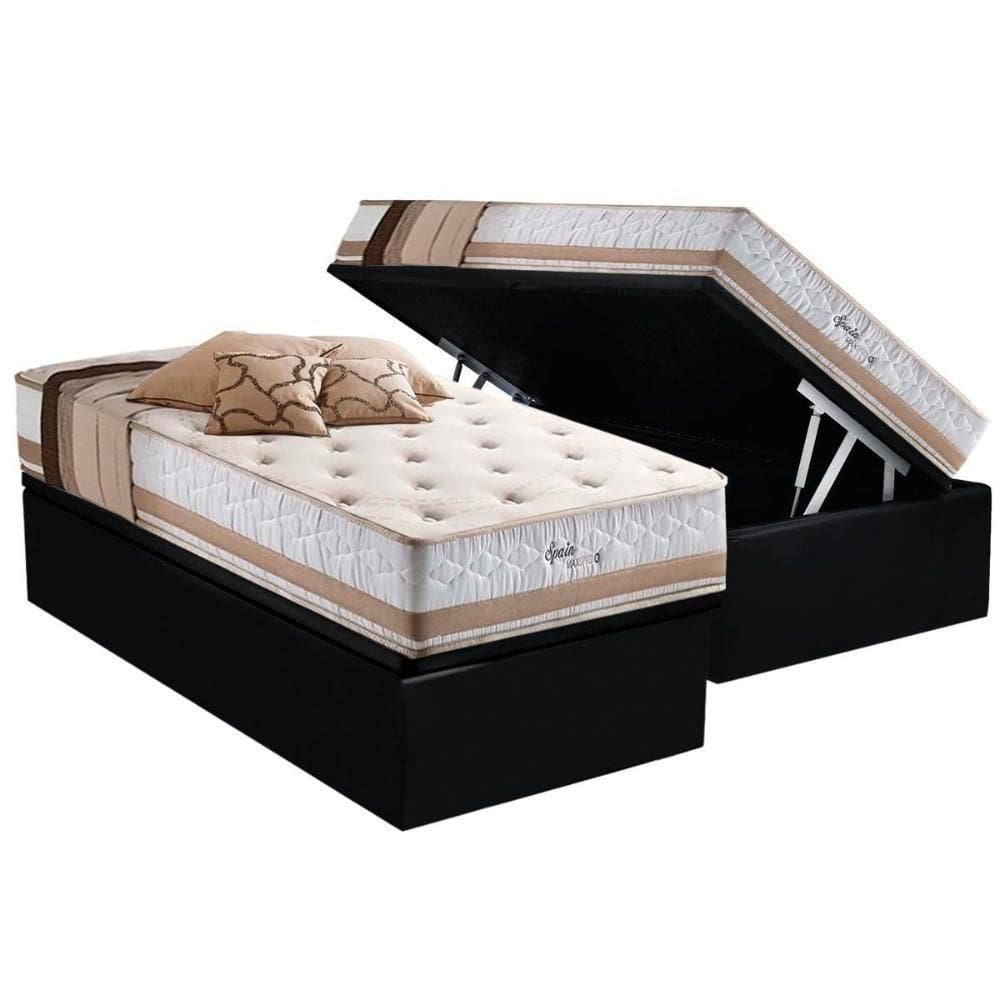 Cama Box Baú Solteiro: Colchão Molas Ensacadas Herval Maxspring Spain + Base Crc Suede Black (88x188)
