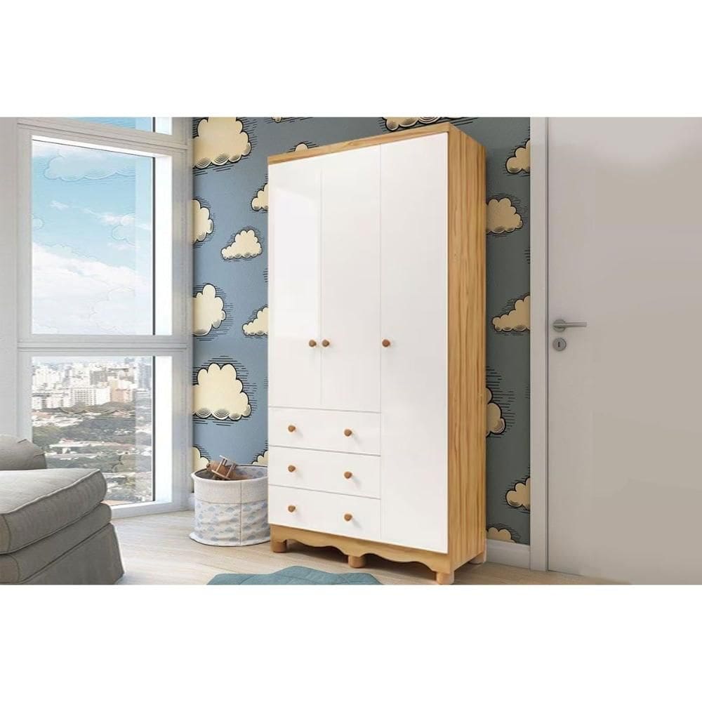 Guarda Roupa Infantil c/ 3 Portas e 3 Gavetas Júnior Branco/Amendoa - Peroba