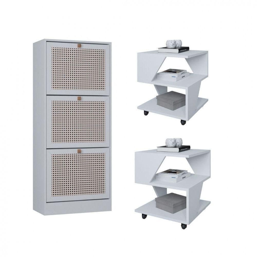 Kit Sapateira Spin Tropical 3 Portas E 2 Mesas De Cabeceira Branco