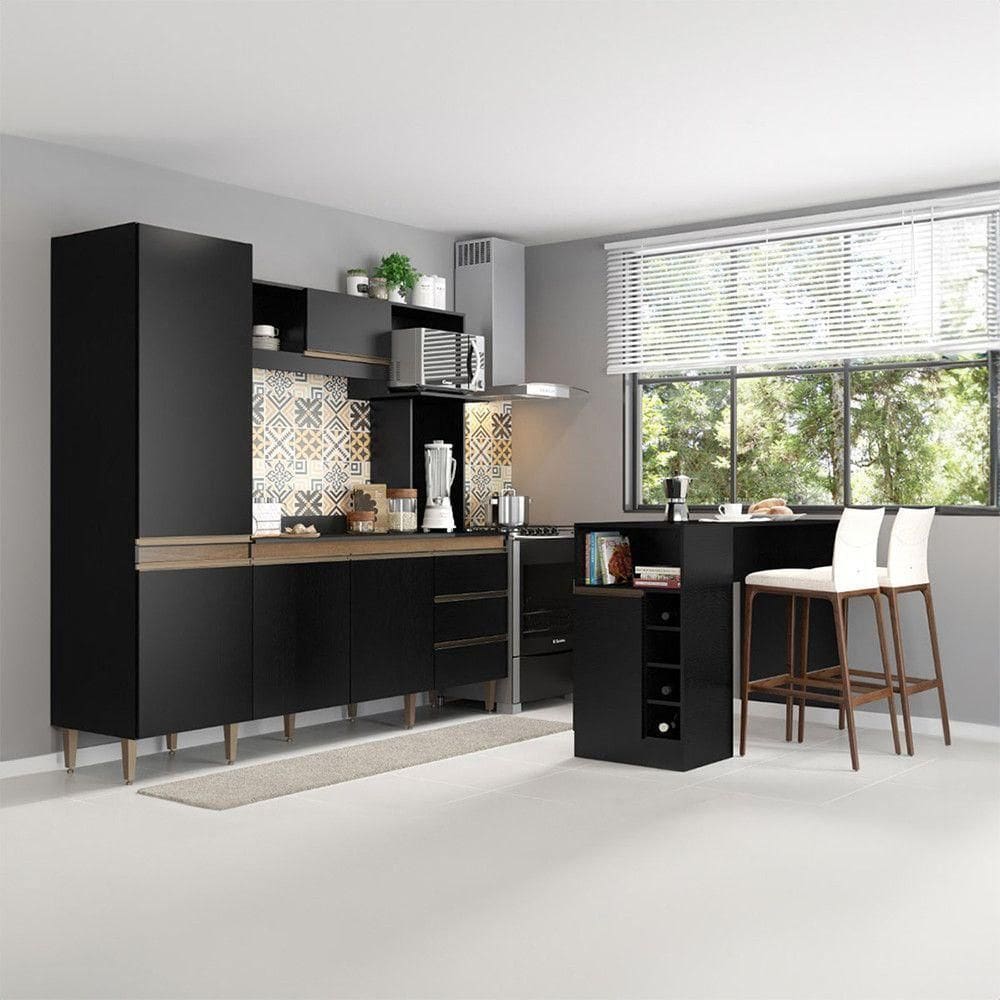 Kit Cozinha Compacta Bancada Ilha Gourmet Mdp Menu Móveis Preto