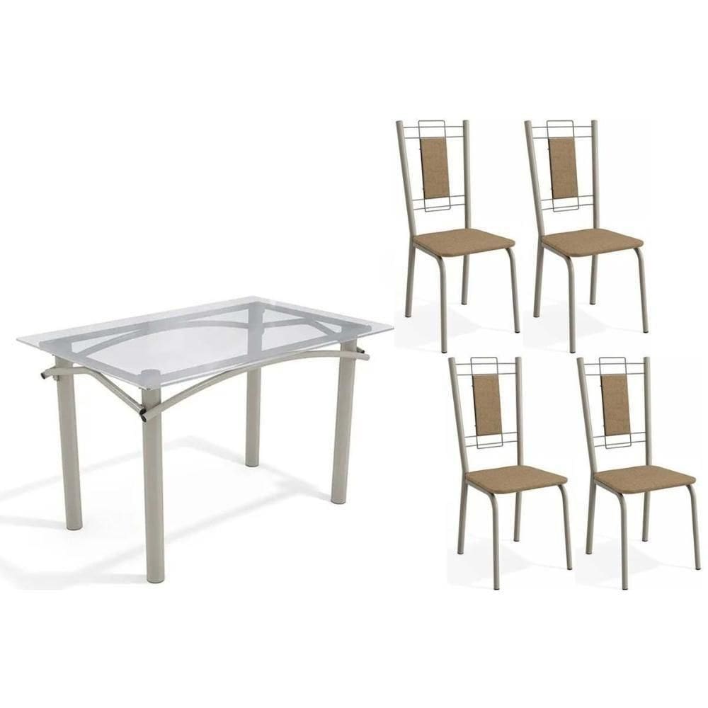 Conjunto: Mesa Sala Jantar Elba C- Tampo De Vidro 120cm E 4 Cadeiras Florença Niquel - Courano Capuccino - Kappesberg