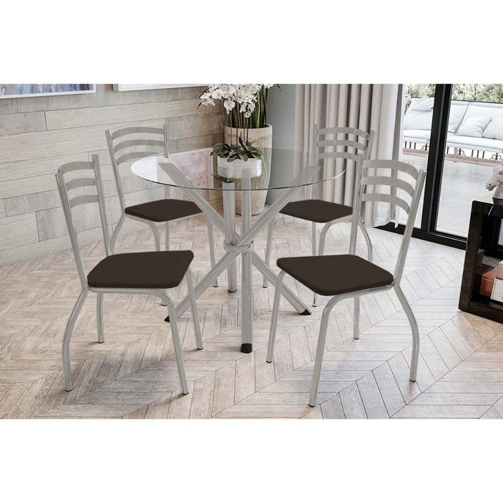 Conjunto: Mesa Sala Jantar Volga C- Tampo De Vidro 95cm E 4 Cadeiras Portugal Niquel - Courano Marrom - Kappesberg