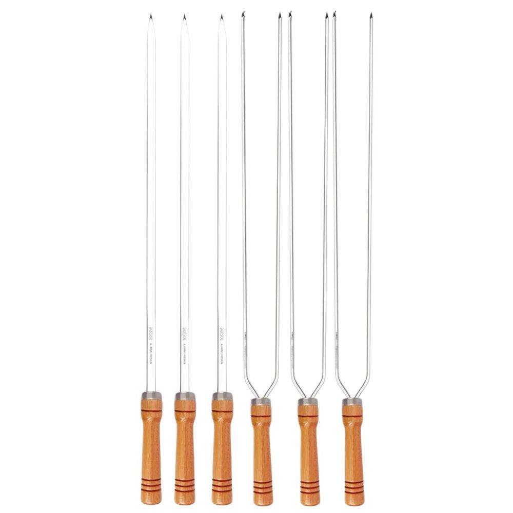 Kit 6 Espetos 80Cm Preparo Churrasco Cabo Madeira Alumínio
