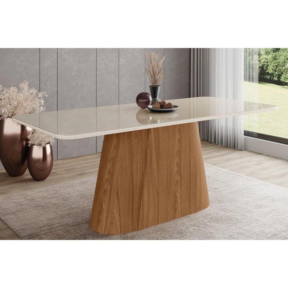 Mesa P- Cozinha Olivia Sc121 C- Tampo Madeirado C- Vidro Curvo 200x90cm Nature-off White - Henn