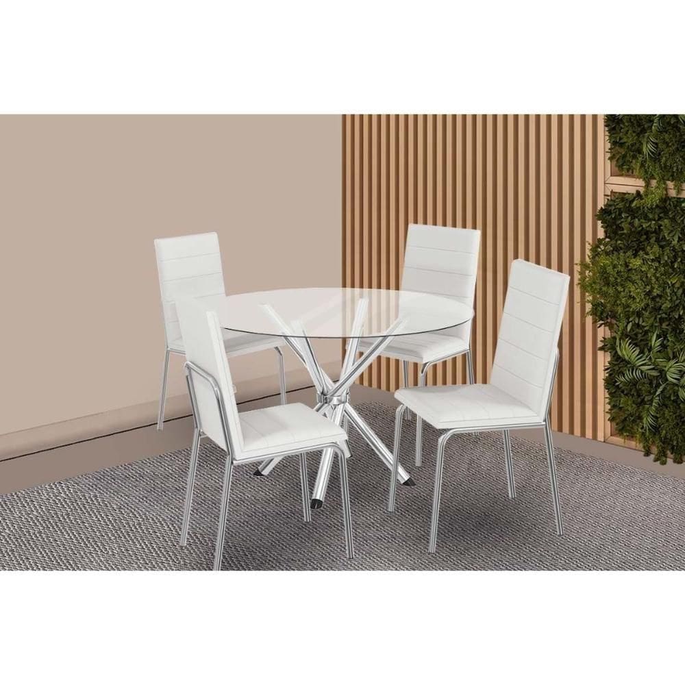 Conjunto: Mesa De Cozinha Volga C- Tampo De Vidro 95cm E 4 Cadeiras Amsterdã Cromada - Courano Branco - Kappesberg