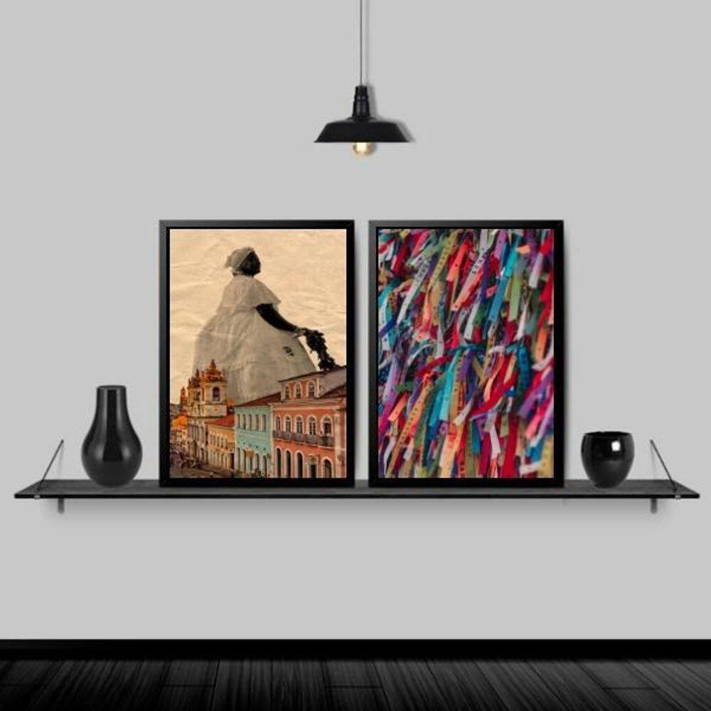 Kit 2 Quadros Salvador Bahia 45x34cm - Madeira Preta