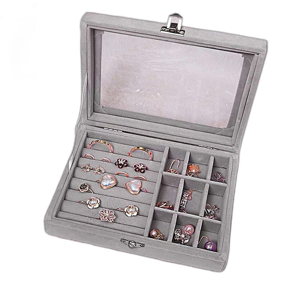 Porta Joias Tampa Vidro Organizador Veludo Divisória Cinza