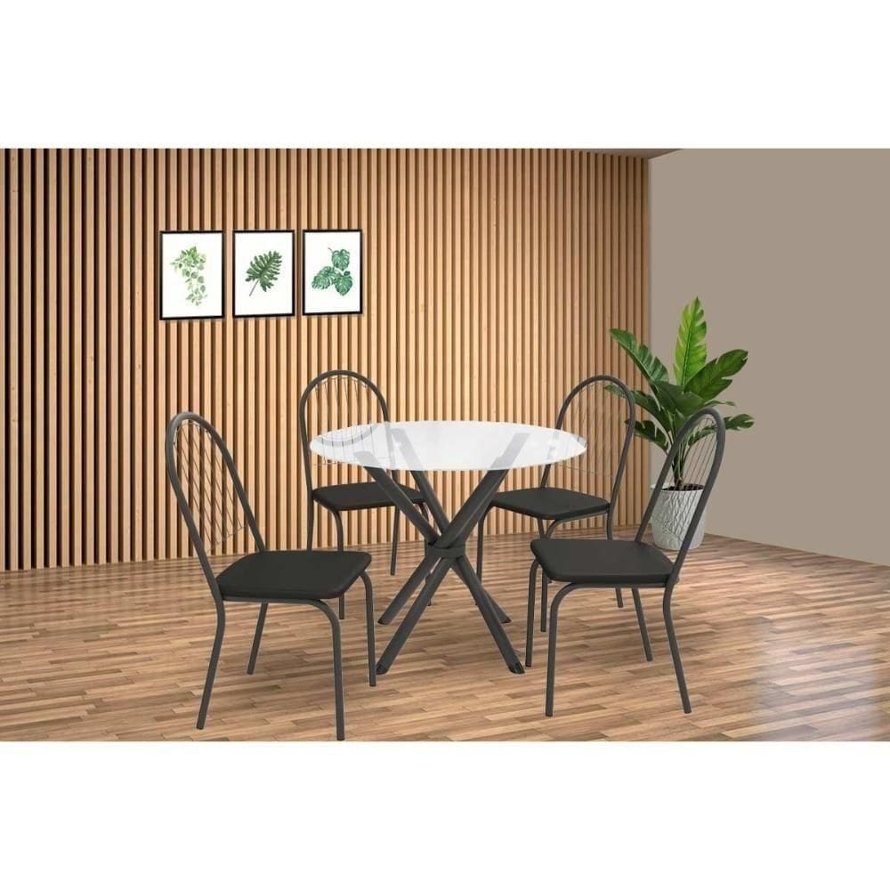Conjunto: Mesa Sala Jantar Volga C- Tampo De Vidro 95cm E 4 Cadeiras Noruega Preto - Preto - Kappesberg