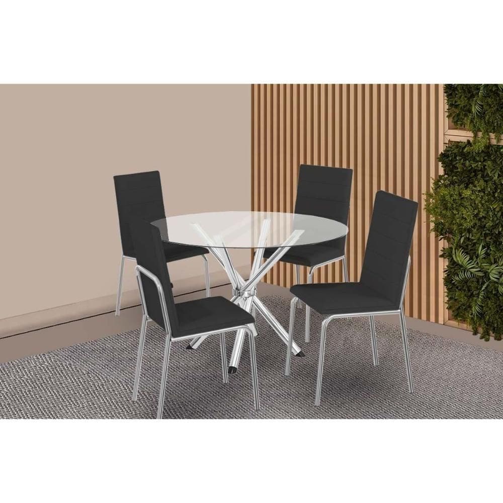Conjunto: Mesa De Cozinha Volga C- Tampo De Vidro 95cm E 4 Cadeiras Amsterdã Cromada - Courano Preto - Kappesberg