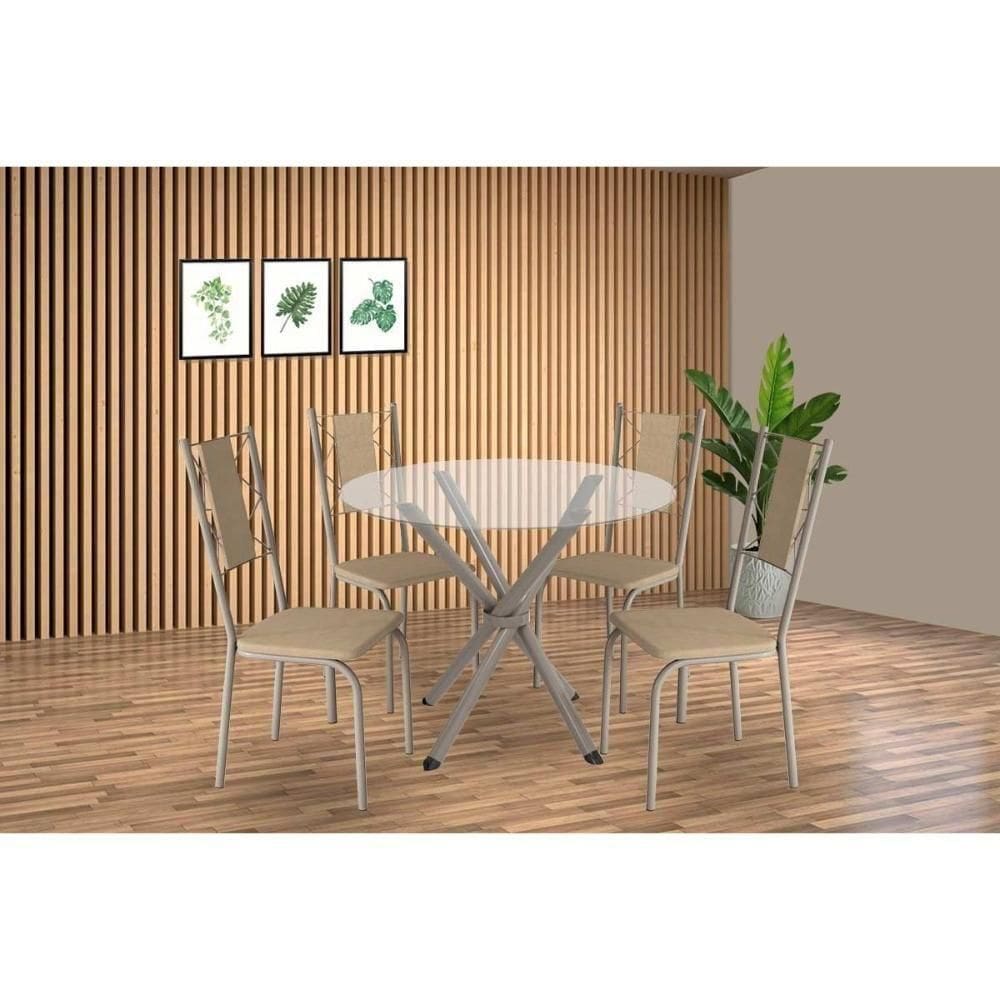 Conjunto: Mesa De Cozinha Volga C- Tampo De Vidro 95cm E 4 Cadeiras Lisboa Niquel - Courano Bege - Kappesberg