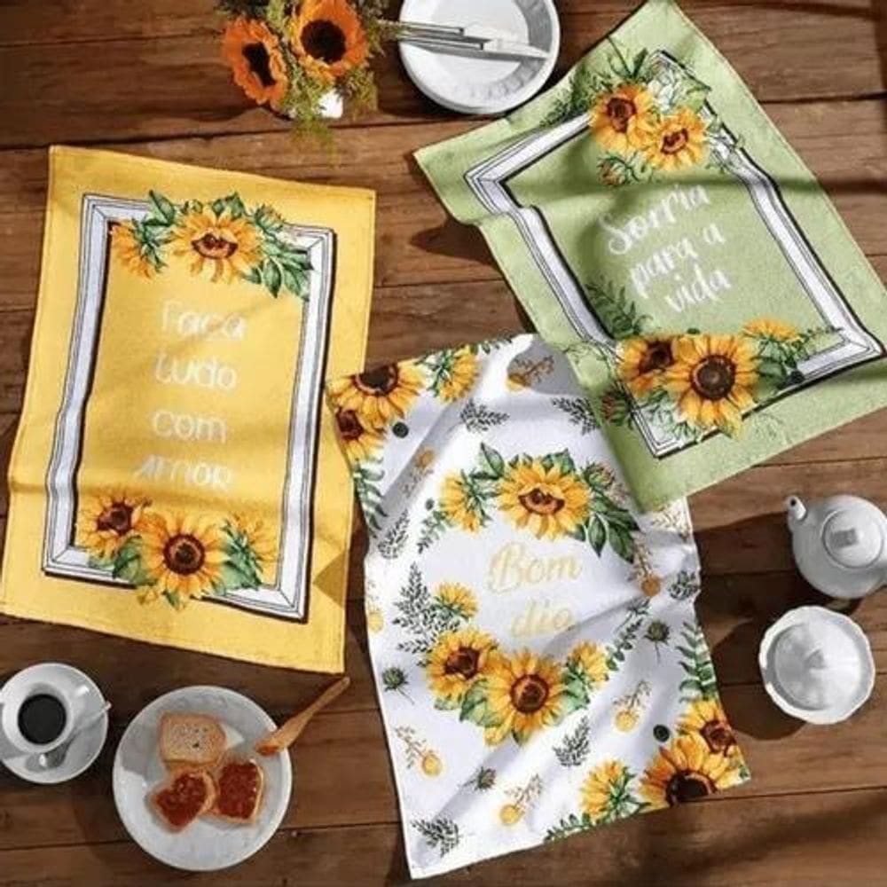 Kit Con 3 Panos De Prato Girassol Prata 100% Algodão 45X65Cm