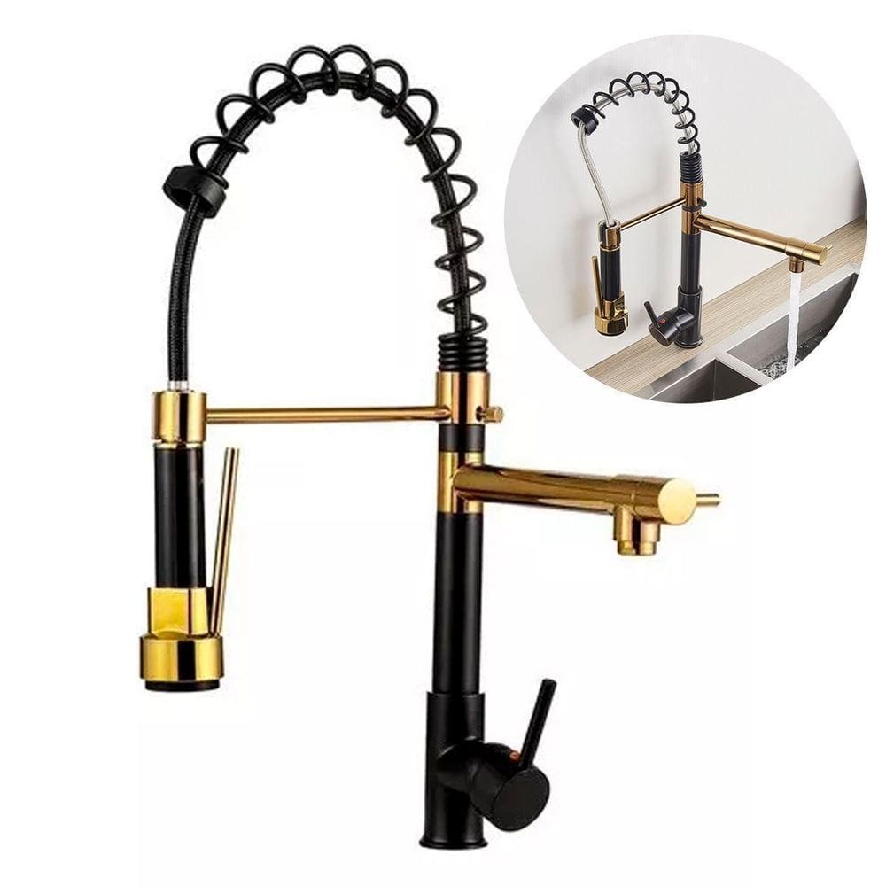 Torneira Gourmet Cozinha Monocomando Aço Inox Preta Dourada