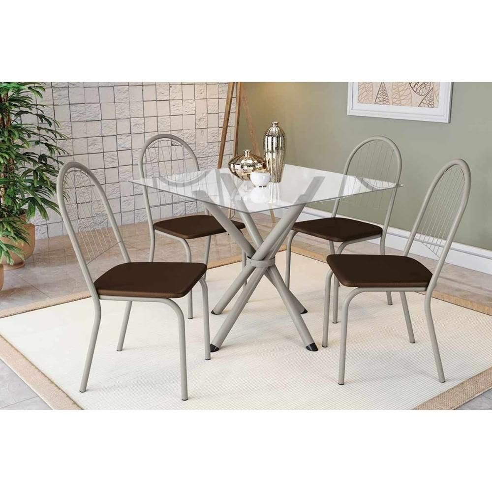 Conjunto: Mesa De Cozinha Volga C- Tampo De Vidro 90cm E 4 Cadeiras Noruega Niquel - Courano Marrom - Kappesberg