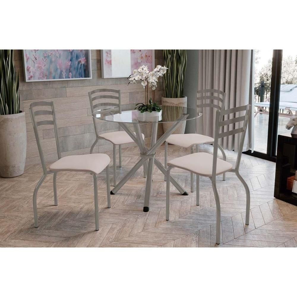 Conjunto: Mesa De Cozinha Volga C- Tampo De Vidro 95cm E 4 Cadeiras Portugal Niquel - Courano Bege - Kappesberg