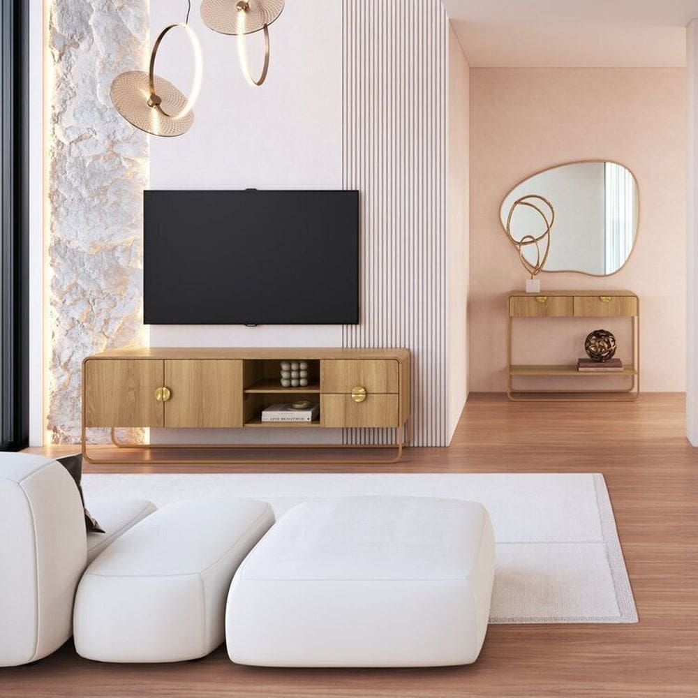 Kit Aparador e Rack Orgânico Pé Metal Luna Hanover/Dourado