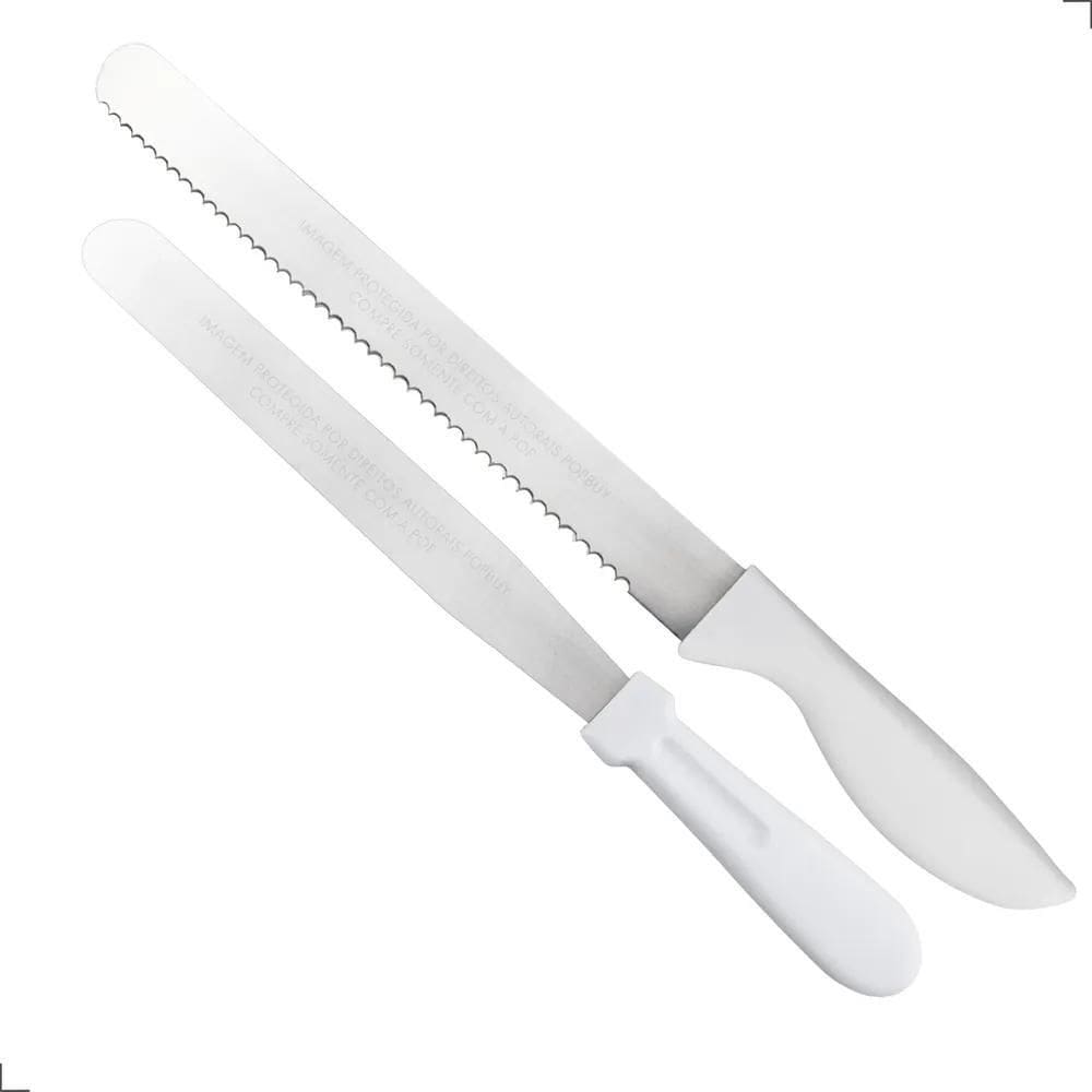 2X Kit Espátula + Faca De Confeiteiro Em Inox Cabo Branco 32