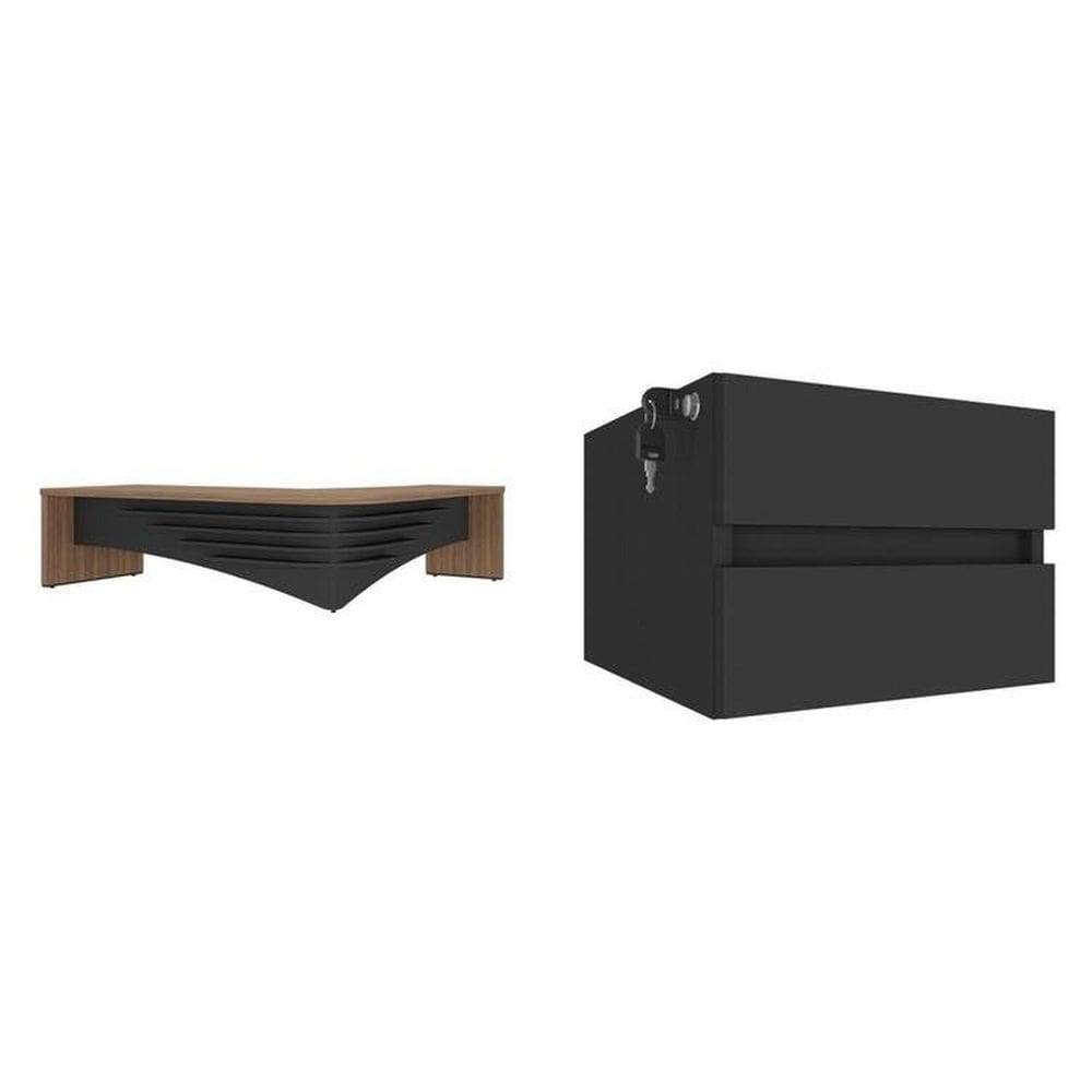 Mesa para Escritório em L Diretor em Tamburato com 2 Gavetas com Chave Nogal/Preto