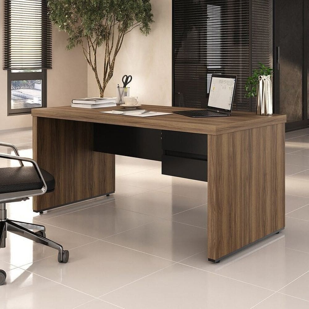 Mesa para Escritório Diretor em Tamburato com 2 Gavetas 160cm Elegance Nogal/Preto