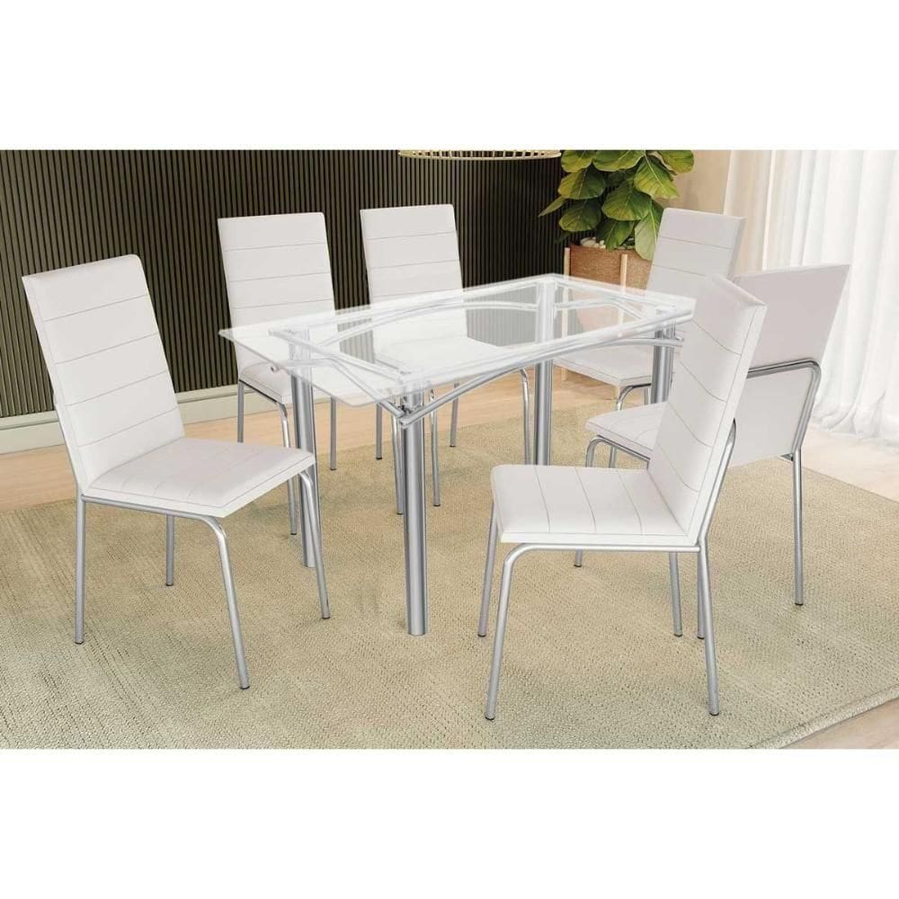 Conjunto: Mesa De Cozinha Elba C- Tampo De Vidro 150cm E 6 Cadeiras Amsterdã Cromada - Courano Branco - Kappesberg
