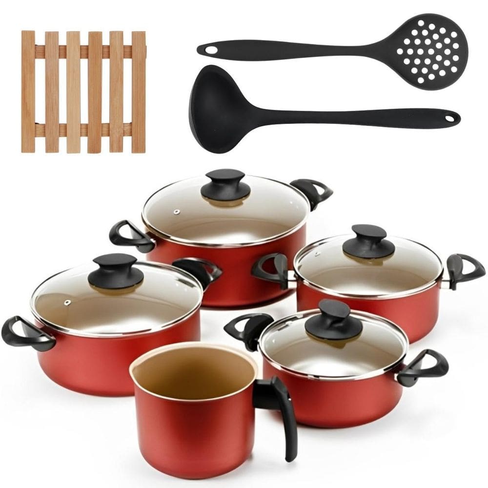 Jogo De Panelas 05 Pçs + 05 Descansos + Concha + Escumadeira