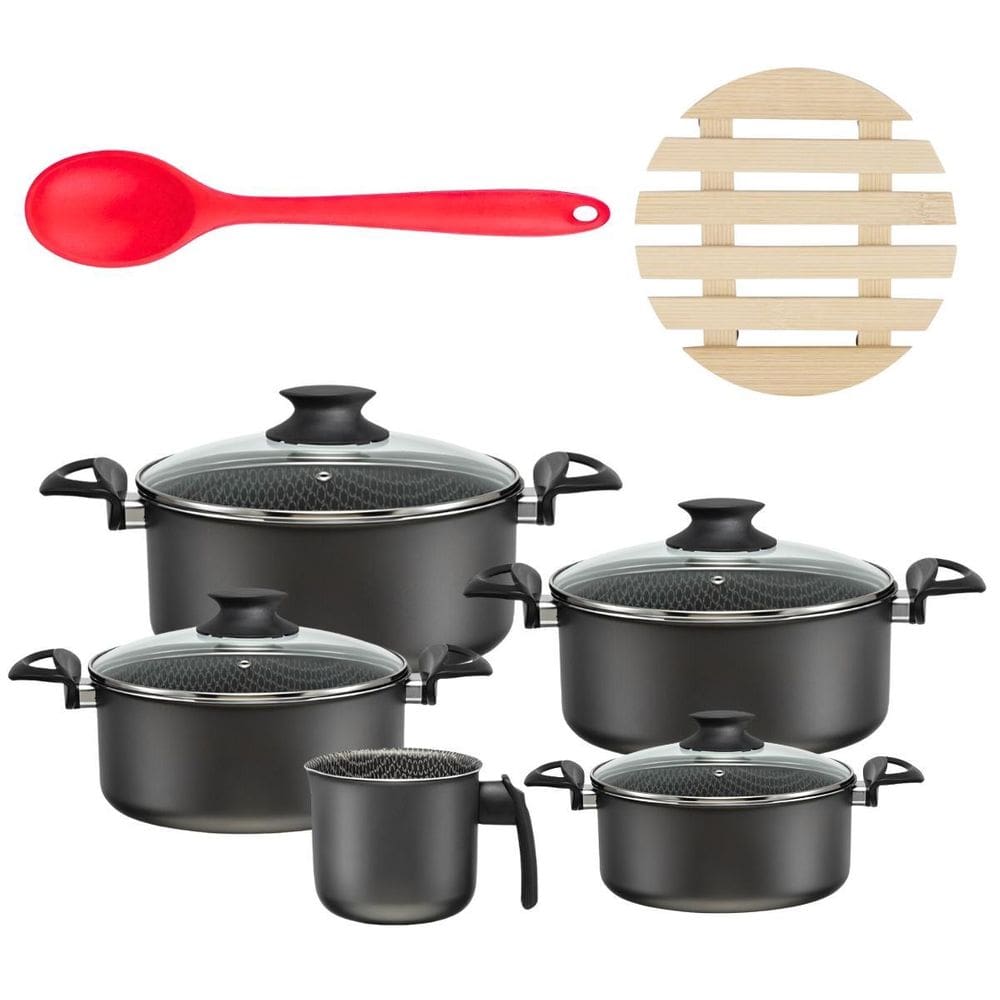 Jogo De Panelas 05 Pçs + 05 Descansos + Colher De Silicone