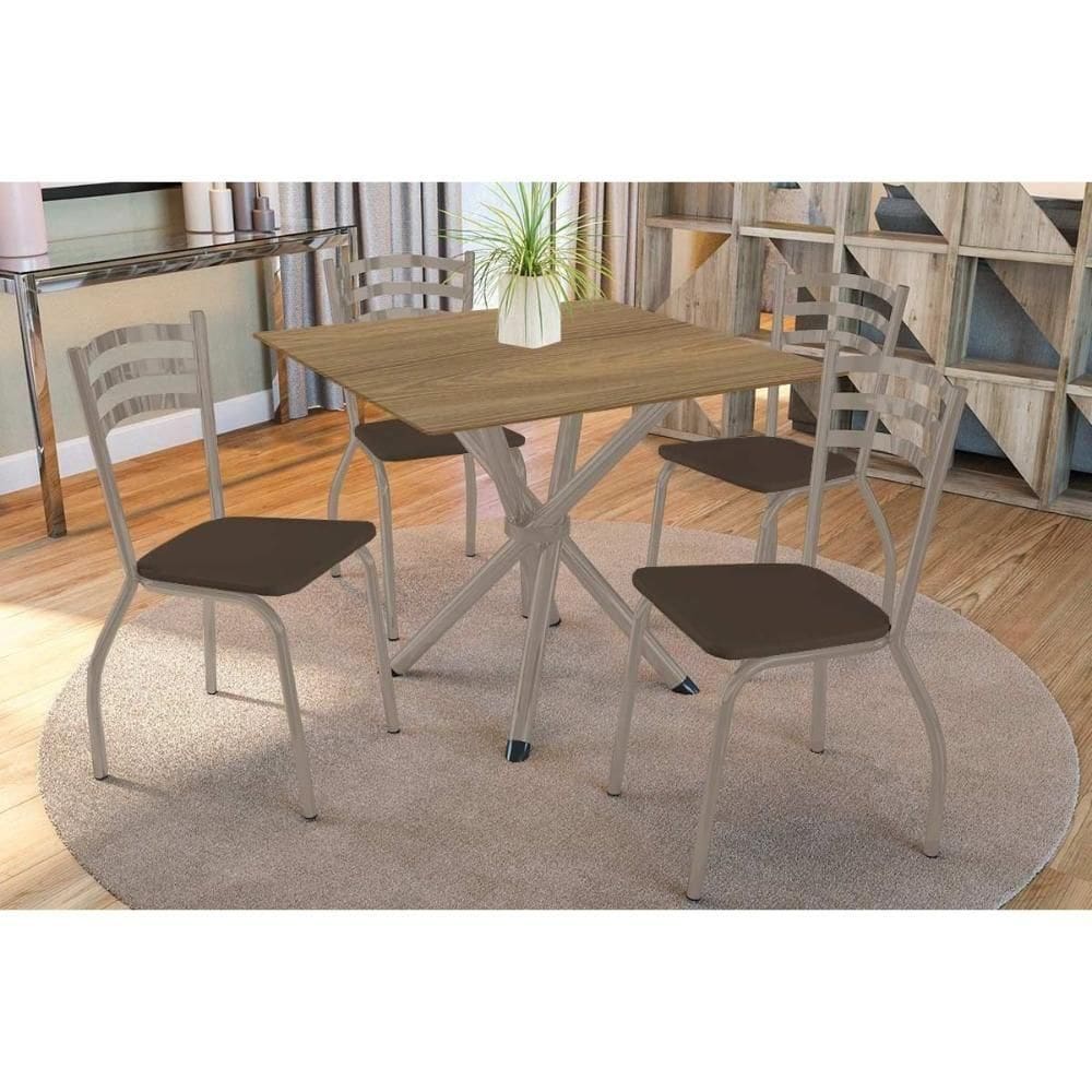 Conjunto: Mesa De Cozinha Volga C- Tampo De Madeira 90cm E 4 Cadeiras Portugal Niquel-nogueira - Marrom - Kappesberg