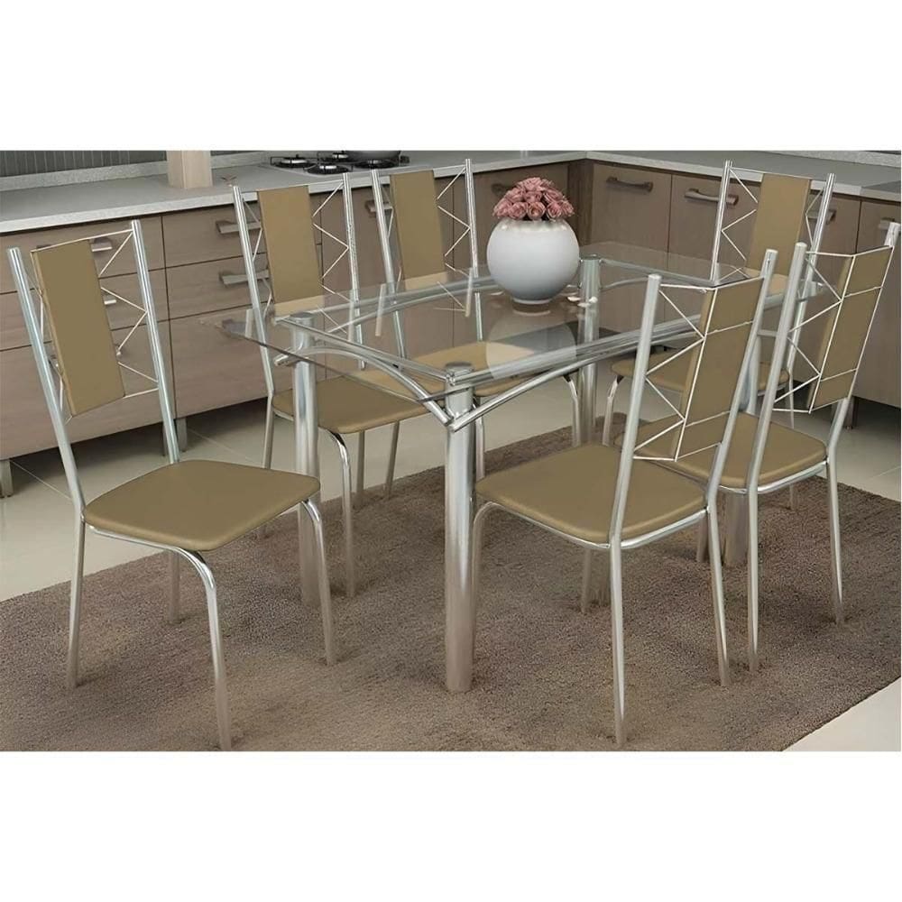 Conjunto: Mesa De Cozinha Elba C- Tampo De Vidro 120cm E 6 Cadeiras Lisboa Cromada - Courano Capuccino - Kappesberg