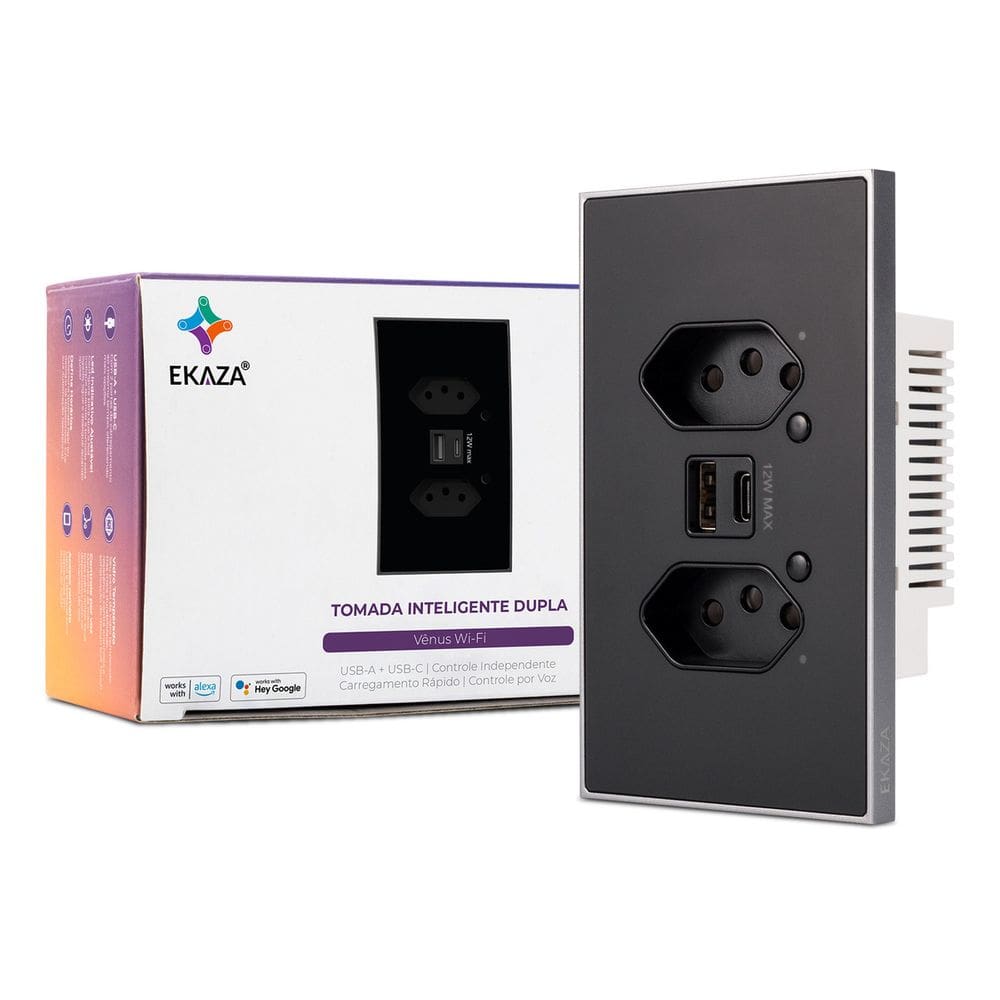 Interruptor Tomada Dupla Inteligente Alexa  Usb Vênus Soft Touch Wifi PRETO Ekaza EKAT-T417-PB