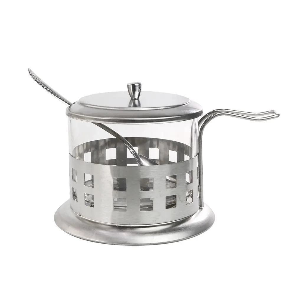 Açucareiro Inox Vidro Prata Kit Completo Luxo Colher Tampa Removível Porta Açúcar Sal Pote Alça Chá Café
