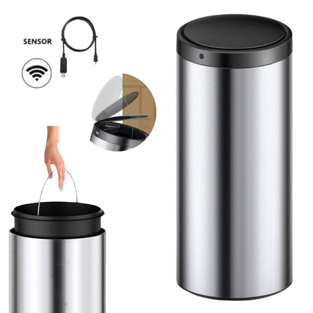 Lixeira Automática Redonda Em Aço Inox 50 Litros Com Sensor