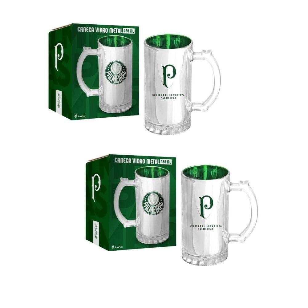 Kit 2 Caneca Vidro Reforçado Metalic 480Ml Cerveja