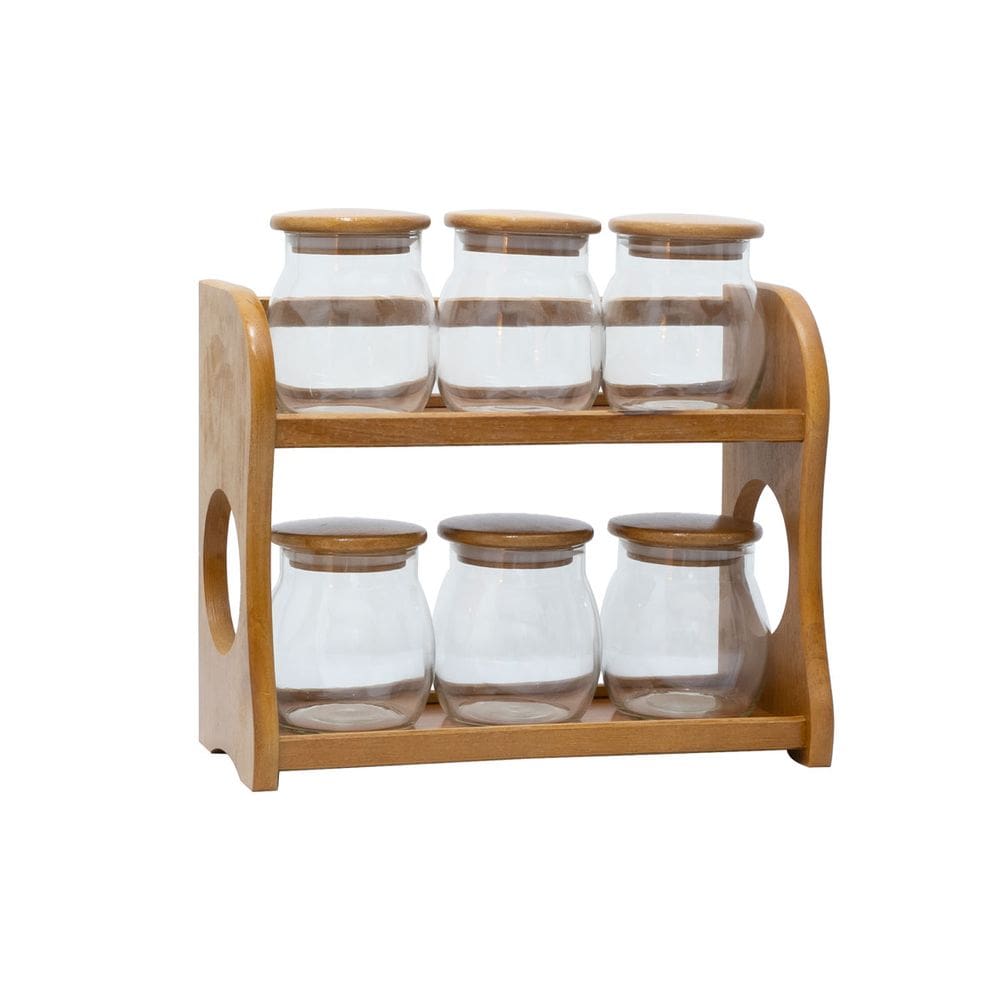 Porta Temperos Condimentos em Madeira 6 Potes Herméticos 550ml ZT2003 BTC