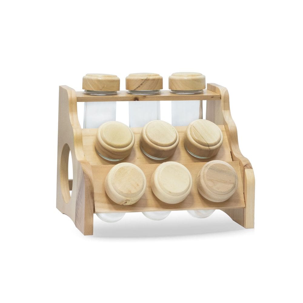 Porta Temperos Condimentos Suporte em Madeira 9 Potes de Vidro 80ml ZT2010 BTC