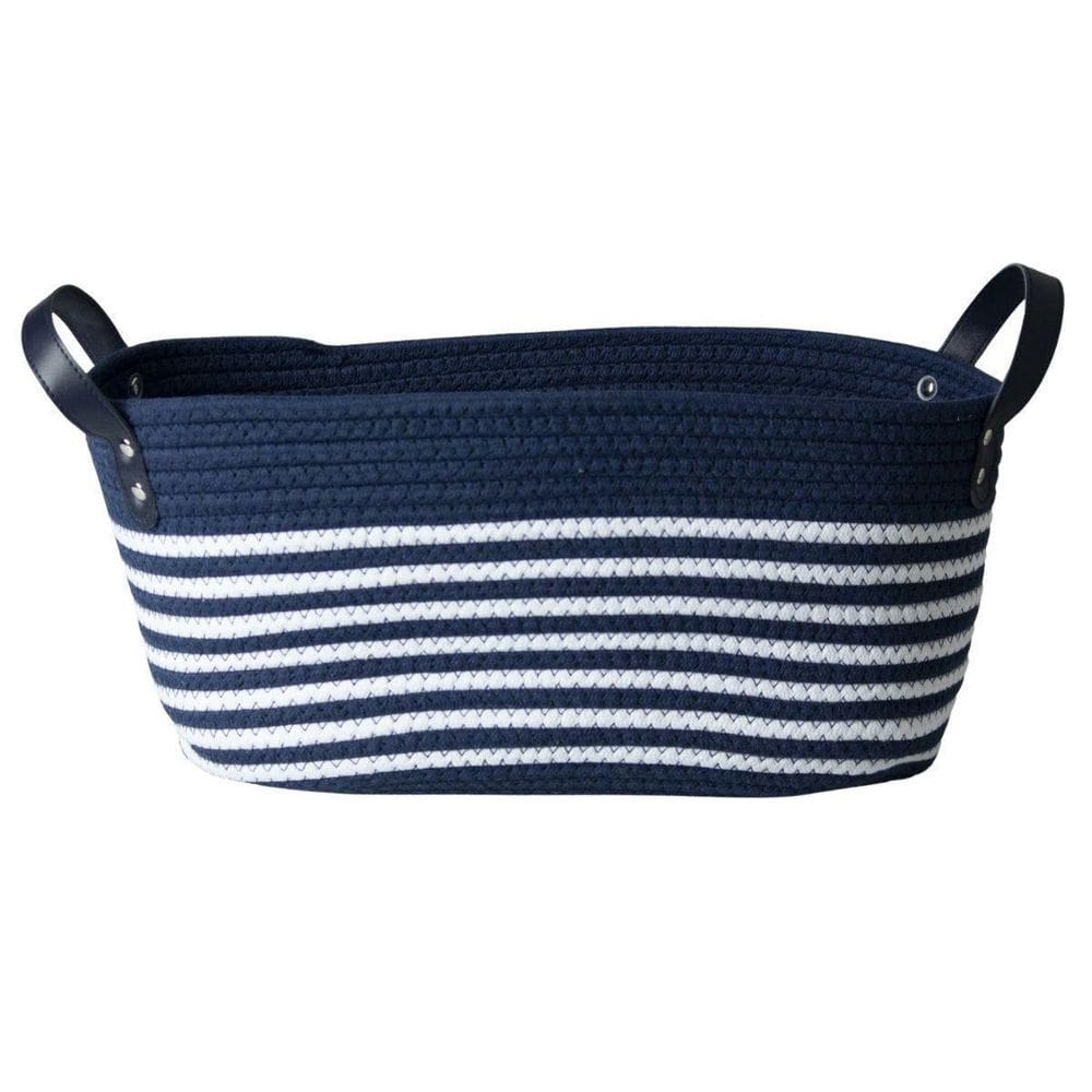 Cesto De Algodão 38X22X17 C/Alça Azul Com Listras Brancas