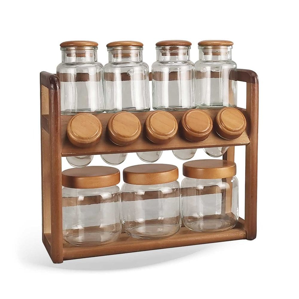 Porta Temperos Condimentos com Suporte em Madeira 12 Potes ZT2002 BTC
