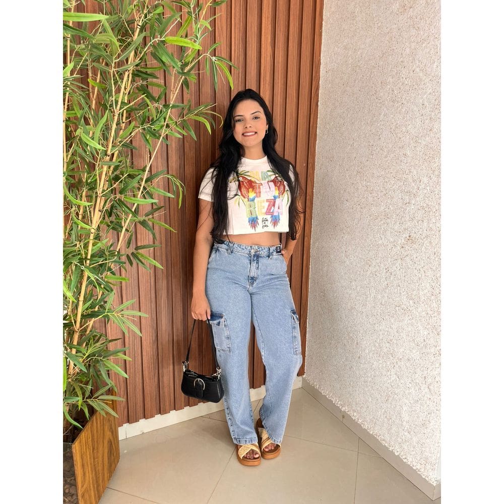 Calça Feminina Jeans Claro Wide Leg Cargo TNW Confecções