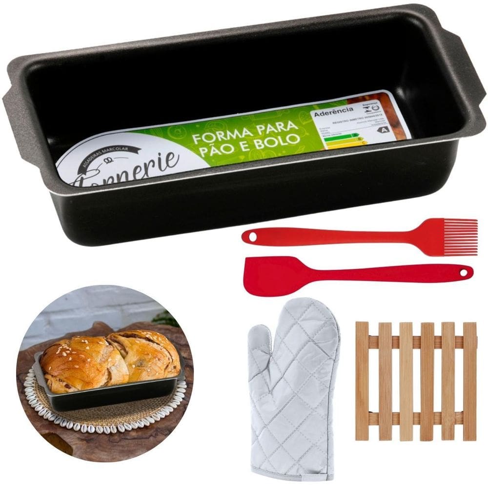 Forma De Pão 2L + Luva + Pincel + Espátula + Descanso Panela