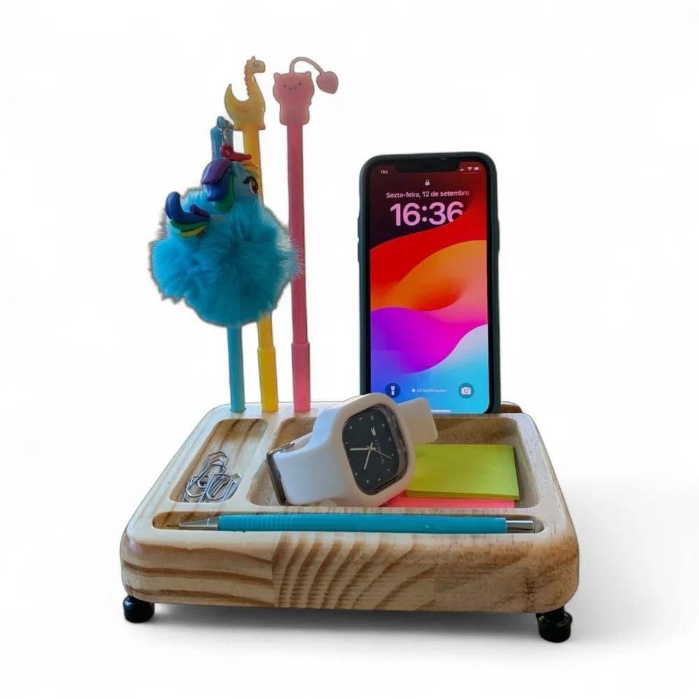 Organizador De Mesa Iluminado Em Madeira - Porta Canetas, Celular E Post-it
