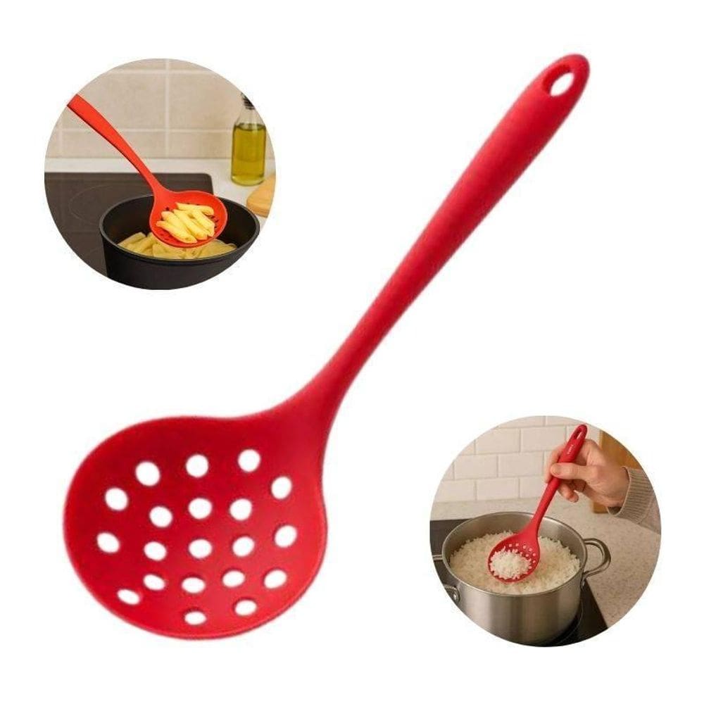 Escumadeira Vermelha 33Cm De Silicone Flexível Livre De Bpa