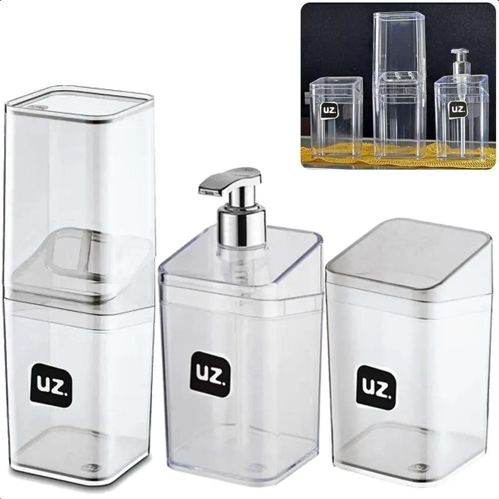 3X Kit Banheiro Lavabo 3 Pçs Lux Porta Escova Uz Transparent