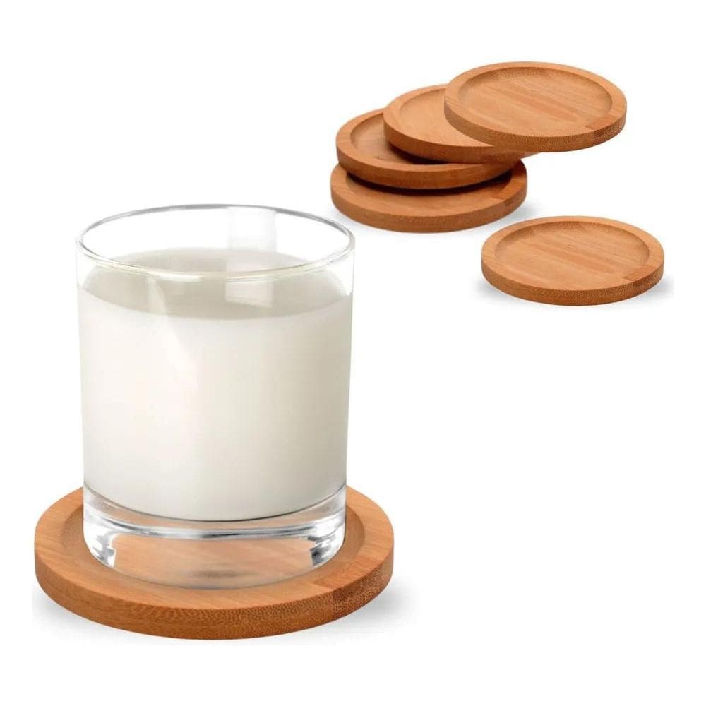 2X Jogo De Porta Copos Redondo Bambu 6 Peças E Suporte