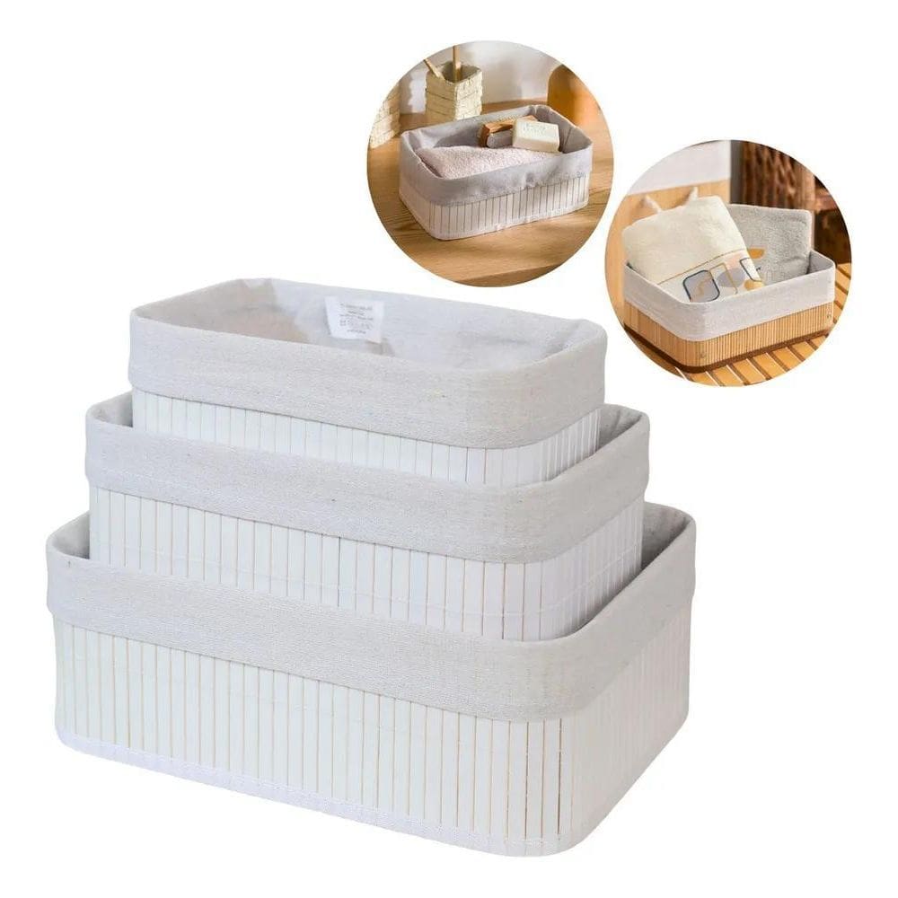2X Kit 3 Cestos Organizadores De Bambu Multiuso Com Forro Co